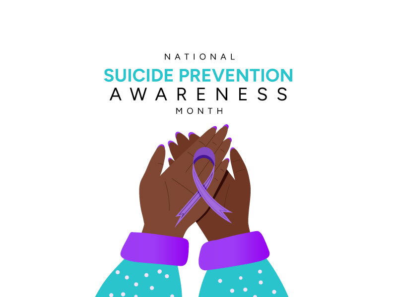 Illustration of two hands holding a purple ribbon for National Suicide Prevention Awareness Month